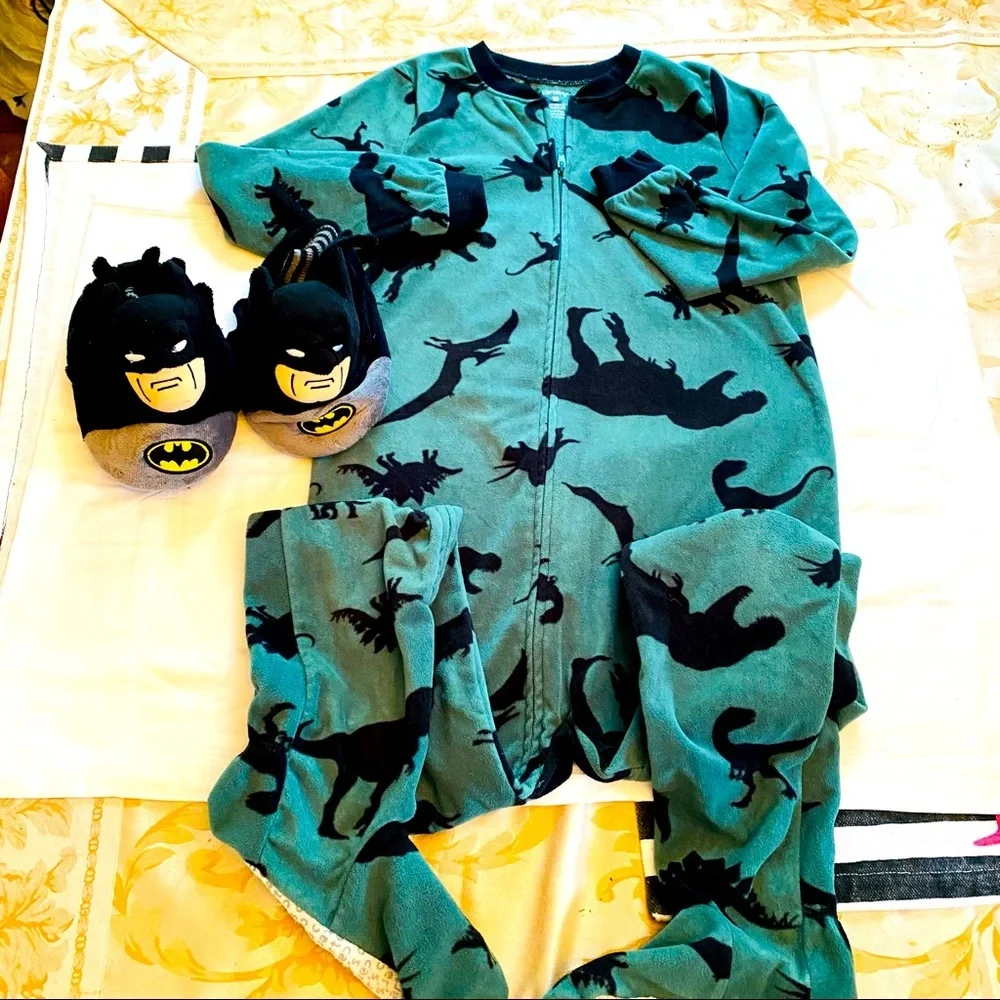 Batman Slippers and Carter’s Dino Onesie.